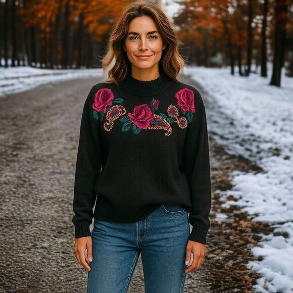 Vtg Stefano Ramie Knit Sweater 1X Plus Sz 18 20 Floral Embroidery 90s Cottage - Picture 1 of 14